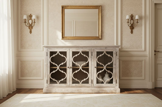 REINA GREYWASHED RECYCLED TIMBER/GLASS 3-DOOR BUFFET/SIDEBOARD - MyChocolateWood