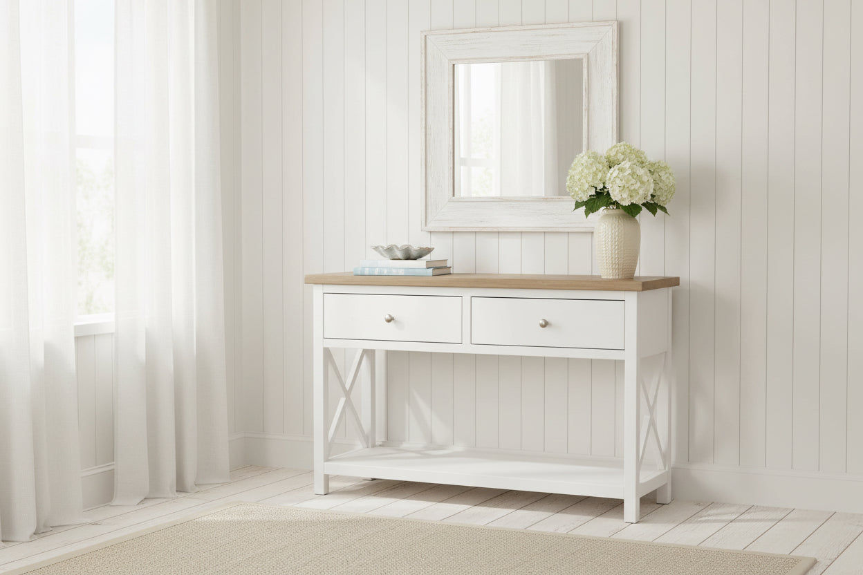 CHRISTA HAMPTON SOLID ACACIA 2-DRAWER CONSOLE TABLE HALL TABLE LIGHT OAK/WHITE - MyChocolateWood
