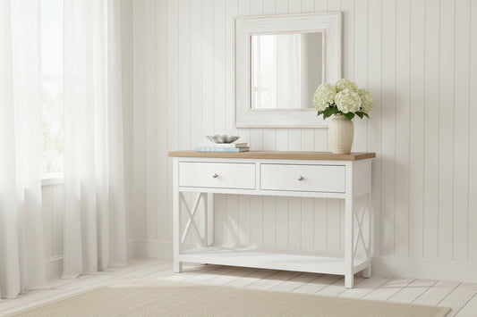 CHRISTA HAMPTON SOLID ACACIA 2-DRAWER CONSOLE TABLE HALL TABLE LIGHT OAK/WHITE - MyChocolateWood