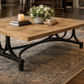 BECK RECYCLED ELM RUSTIC COFFEE TABLE PARQUETRY TOP BLACK IRON BASE - MyChocolateWood