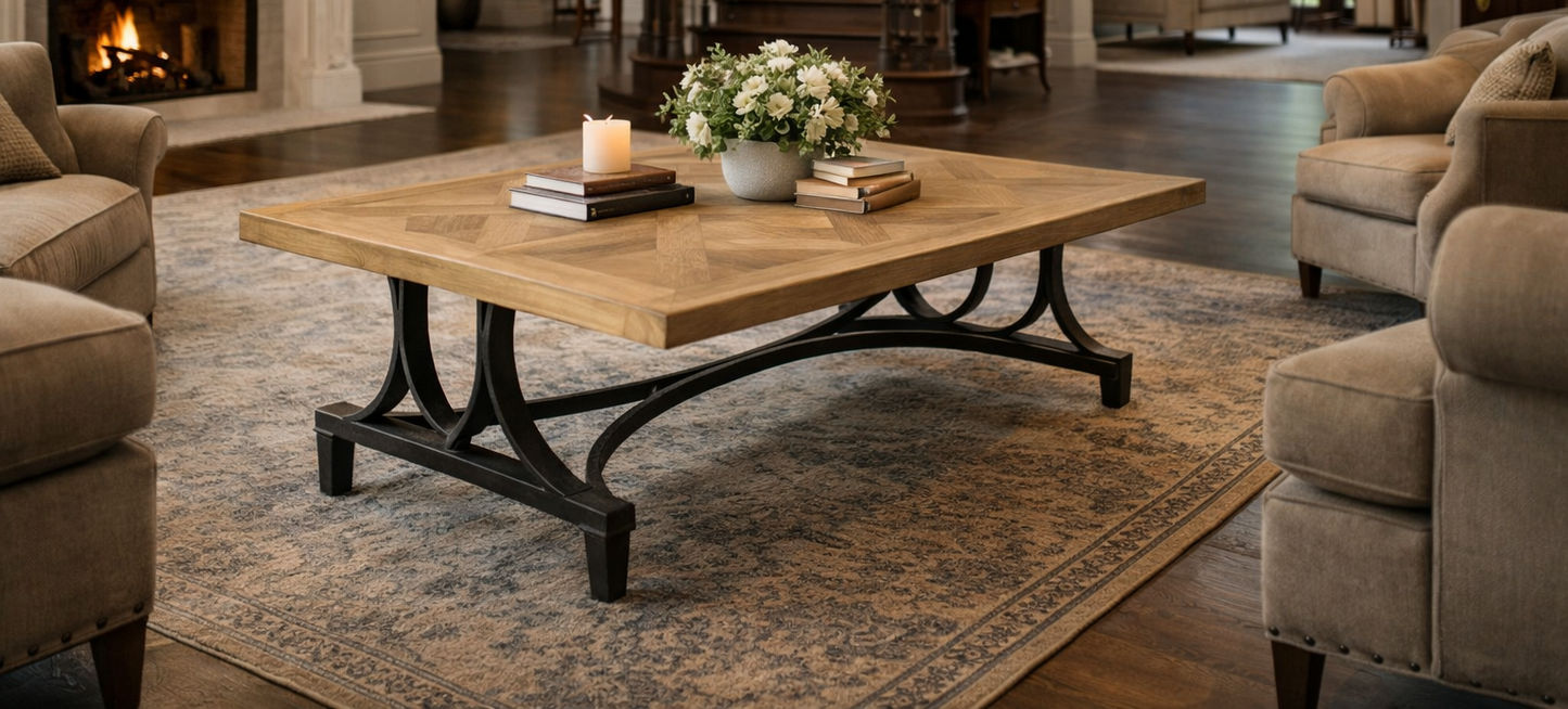 BECK RECYCLED ELM RUSTIC COFFEE TABLE PARQUETRY TOP BLACK IRON BASE - MyChocolateWood