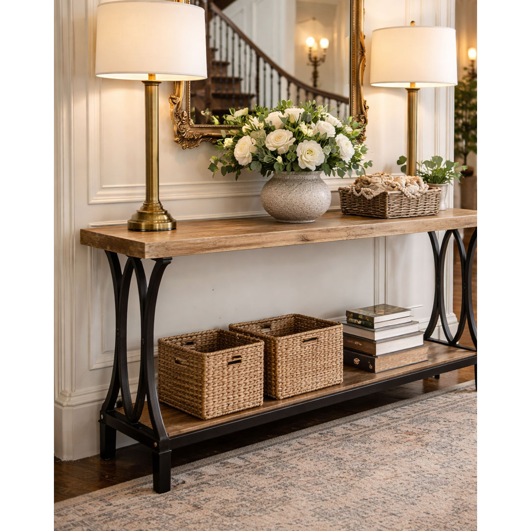 BECK RECYCLED ELM RUSTIC CONSOLE/HALL TABLE PARQUETRY TOP BLACK IRON BASE - MyChocolateWood