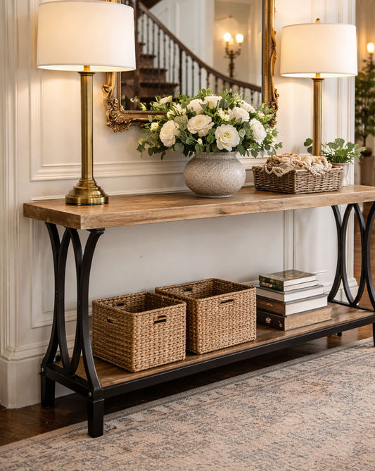 BECK RECYCLED ELM RUSTIC CONSOLE/HALL TABLE PARQUETRY TOP BLACK IRON BASE - MyChocolateWood