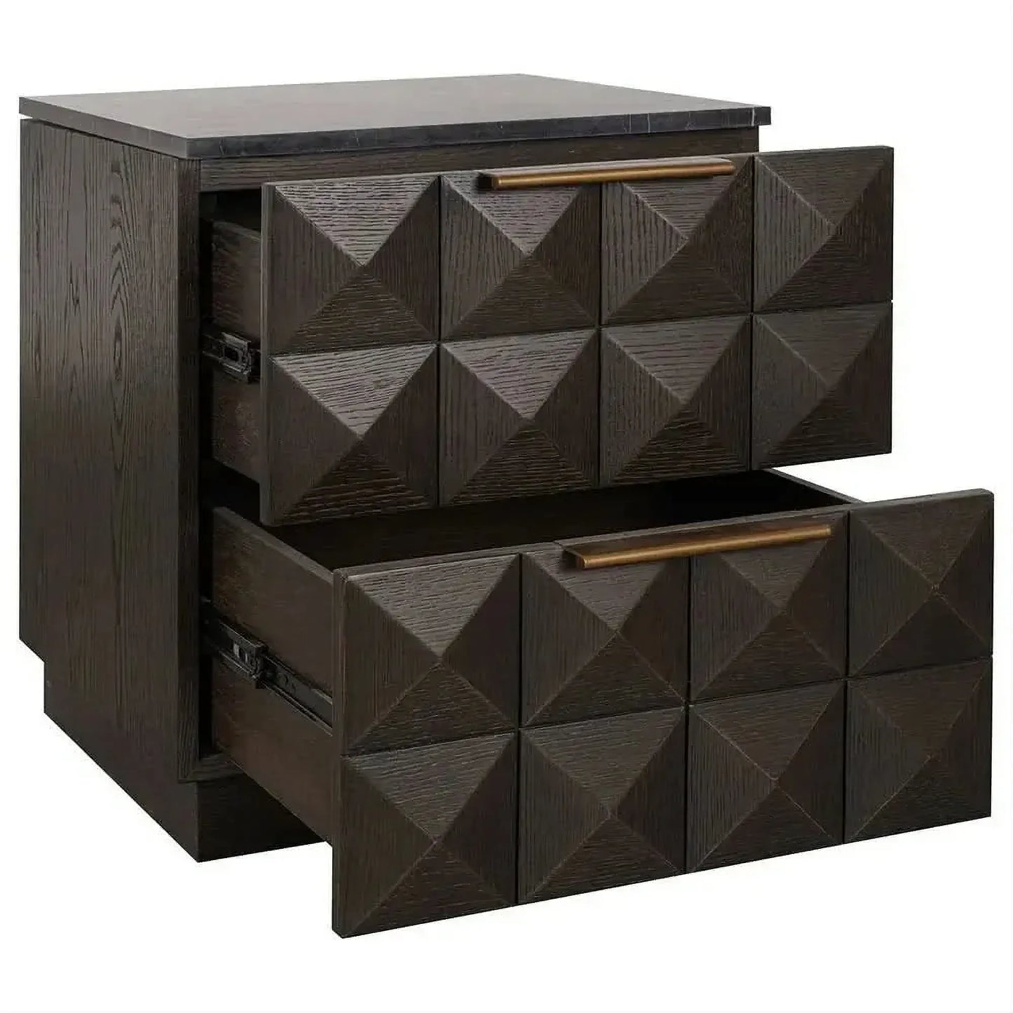 Hampshire 2-Drawer Bedside Table in Smoked Oak with Black Marble Top - Chocolate Wood