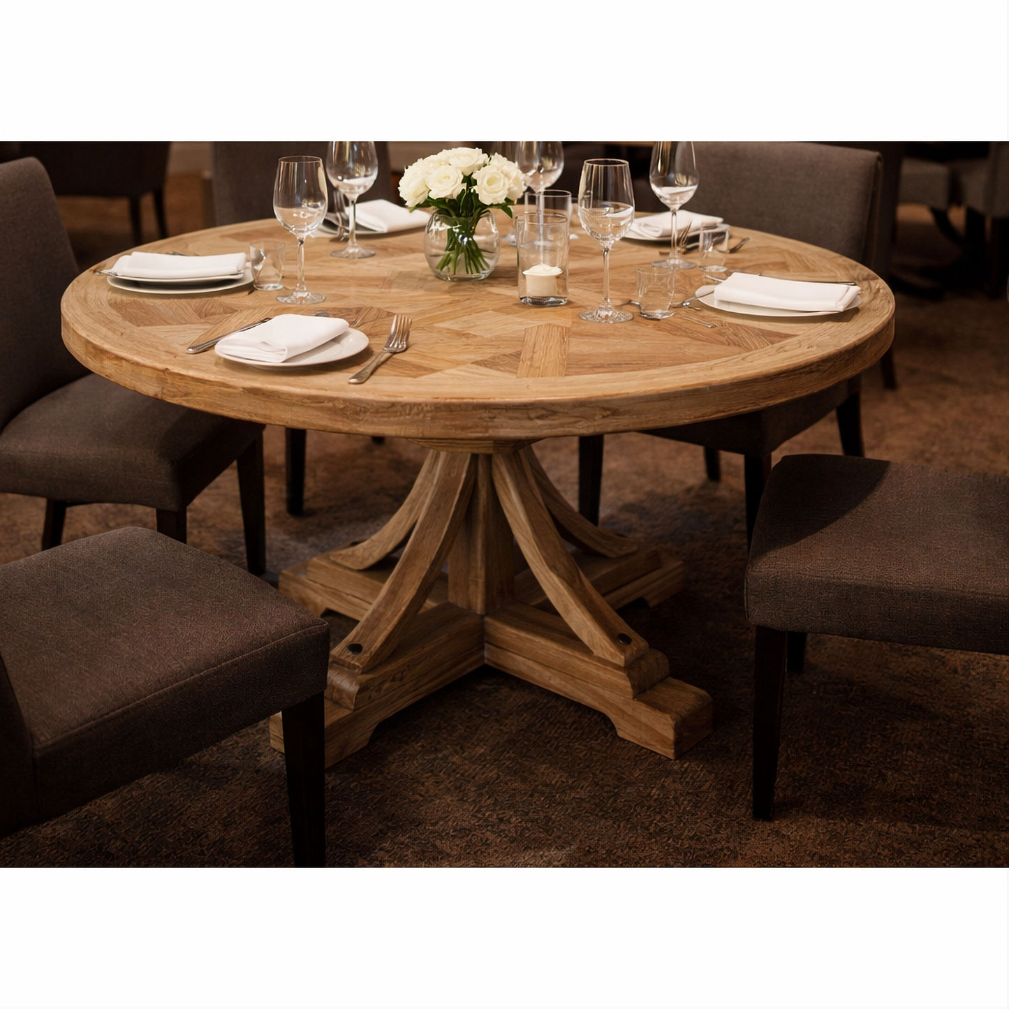 Gibraltar Hampton Style Round Herringbone Parquetry Dining Table in Natural - Chocolate Wood