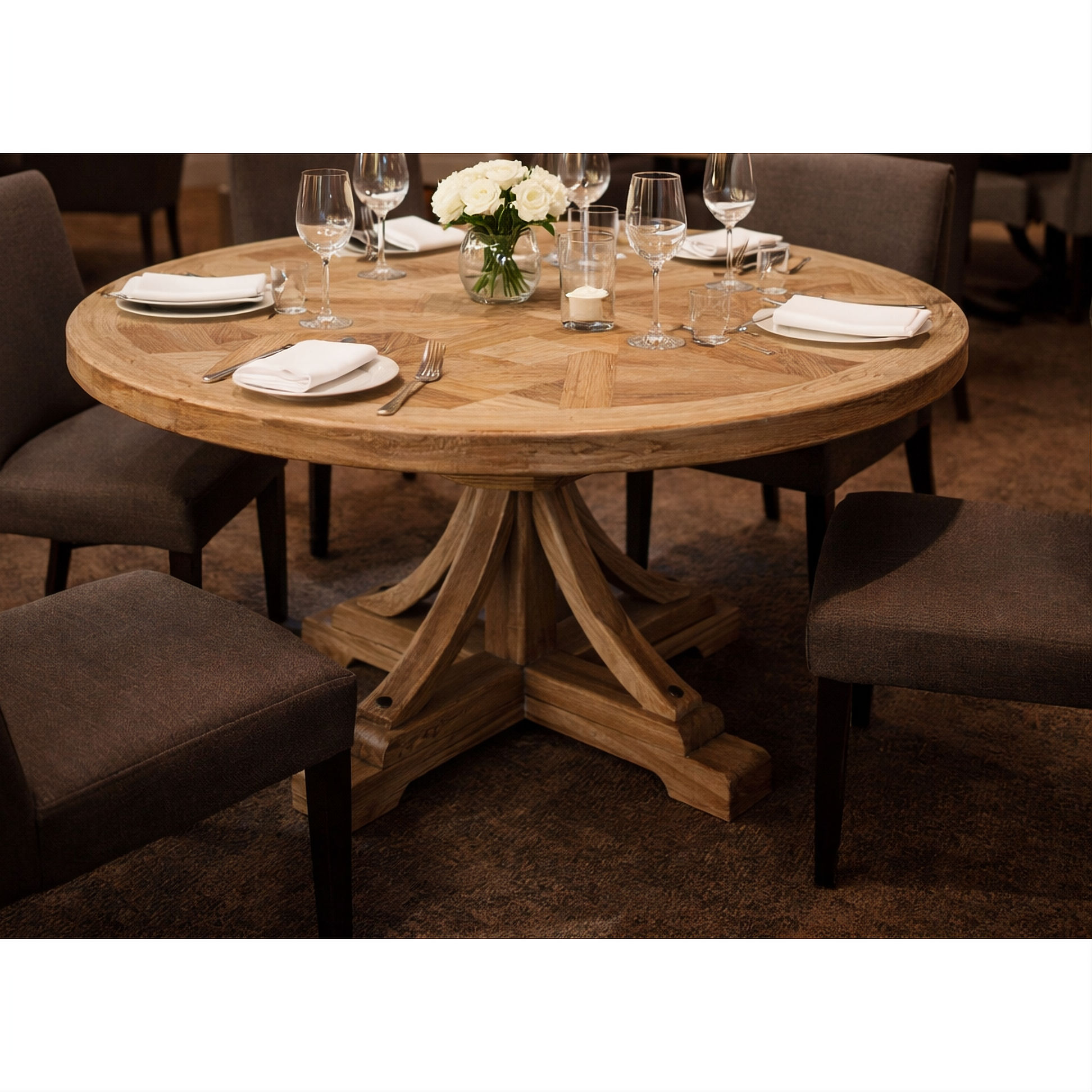 Gibraltar Hampton Style Round Herringbone Parquetry Dining Table in Natural - Chocolate Wood