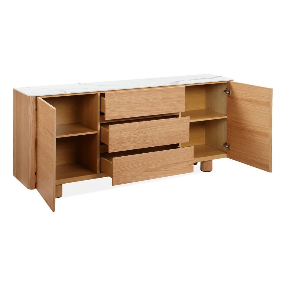 CASPIAN OAK 2-DOOR 3-DRAWER BUFFET/SIDEBOARD  NATURAL/WHITE CERAMIC TOP - MyChocolateWood