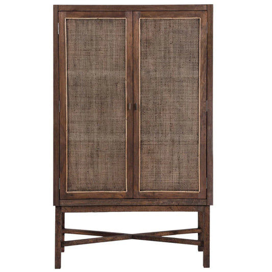 Solid mango wood Eldridge tall cupboard cabinet in honey brown with natural wood grain and modern design.