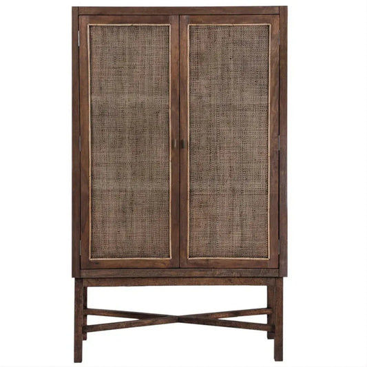Solid mango wood Eldridge tall cupboard cabinet in honey brown with natural wood grain and modern design.