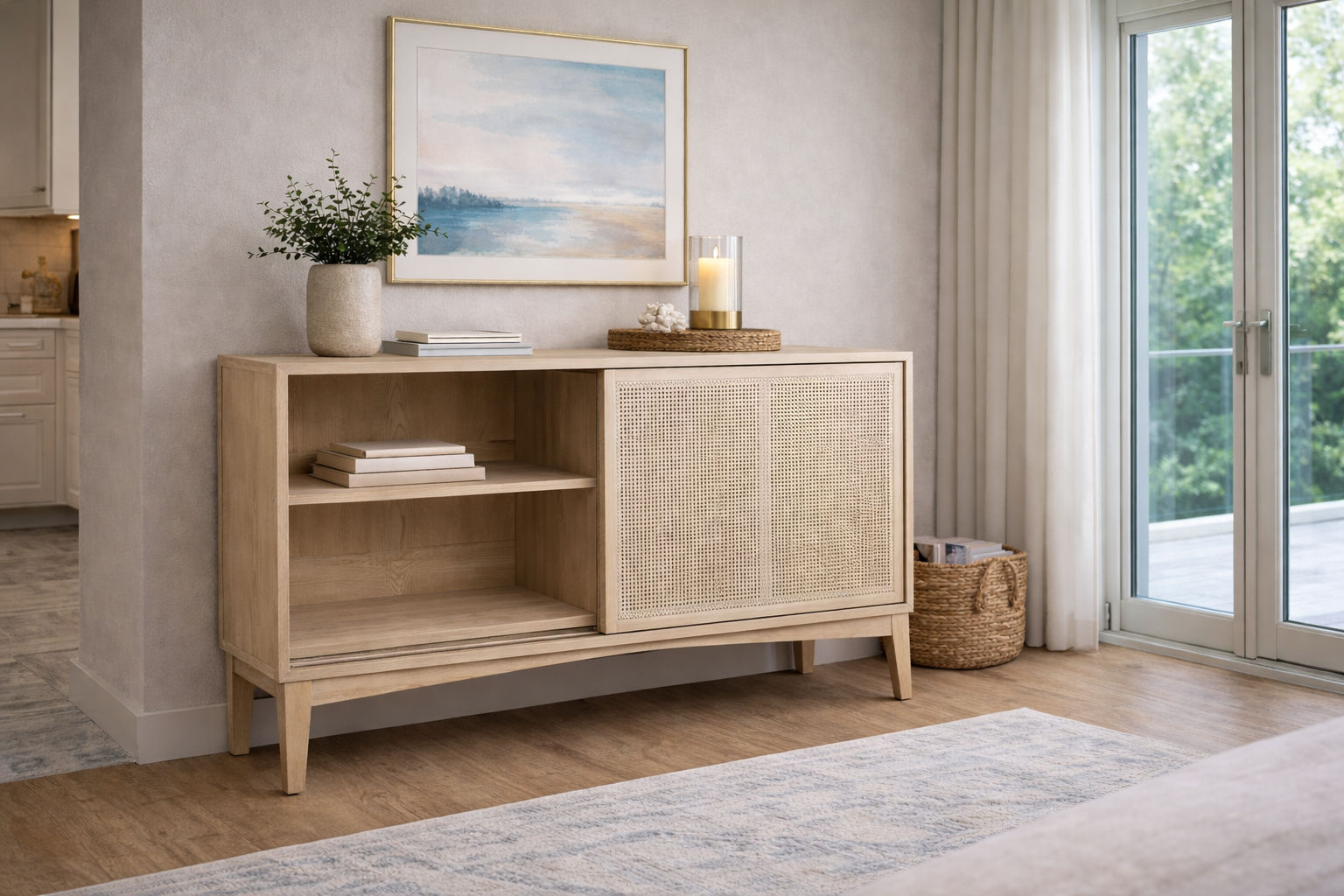 BAHAMAS BUFFET SIDEBOARD 3 DRAWERS/SLIDING RATTAN DOORS SOLID OAK NATURAL COLOUR 140CM - MyChocolateWood