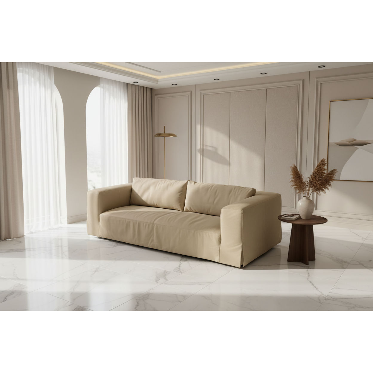INIGO 3-SEATER LEATHER SLIP COVER SOFA TOP GRAIN COW LEATHER CAPPUCCINO CREAM - MyChocolateWood