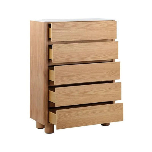 CASPIAN OAK VENEER 5-DRAWER TALLBOY/CHEST OF 5 DRAWERS NATURAL WITH WHITE CERAMIC TOP - MyChocolateWood