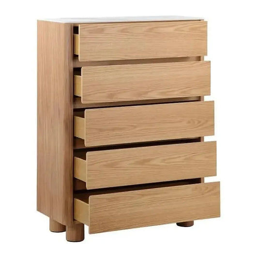 CASPIAN OAK VENEER 5-DRAWER TALLBOY/CHEST OF 5 DRAWERS NATURAL WITH WHITE CERAMIC TOP