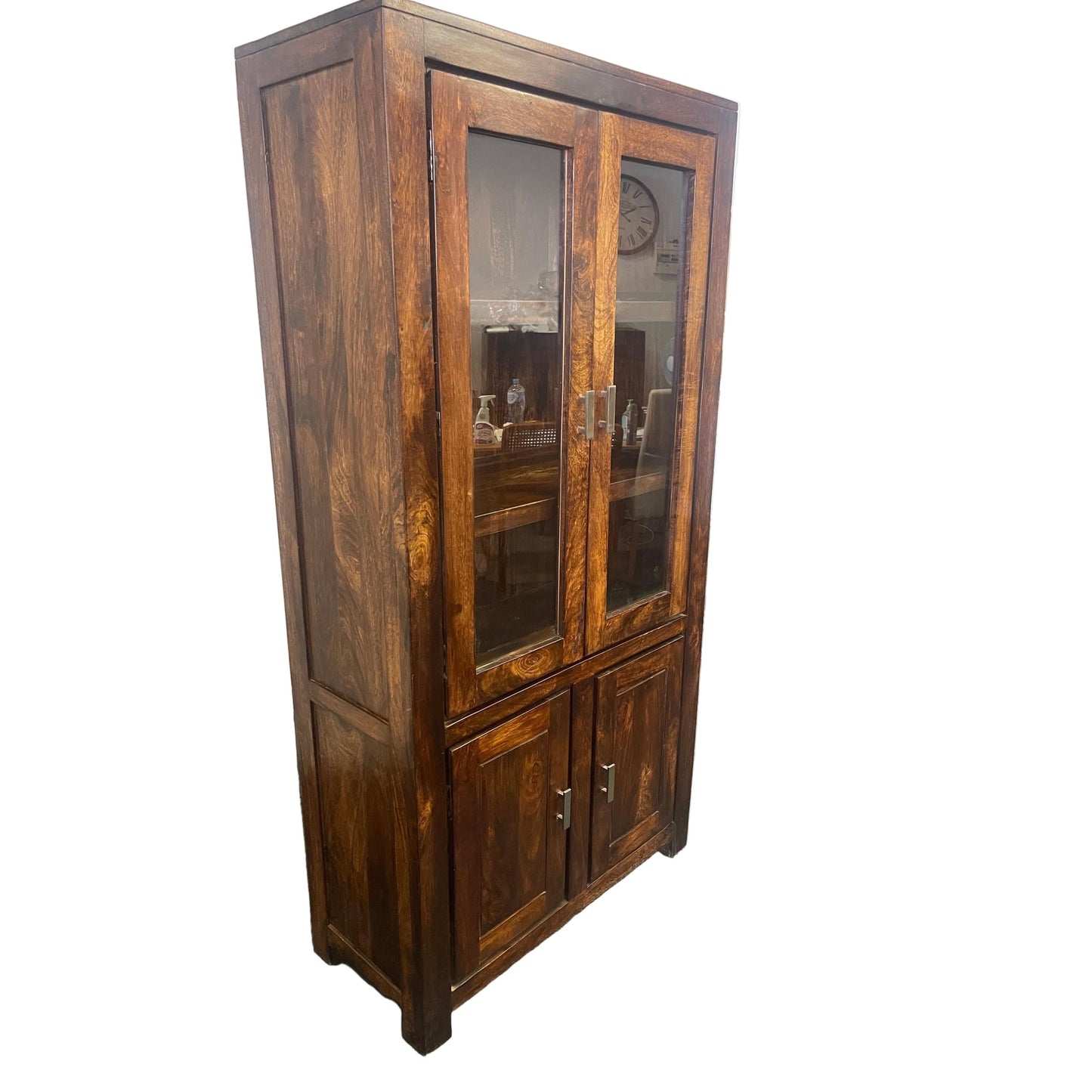Solid Benato Indian Rosewood display cabinet with 4 glass doors, featuring elegant craftsmanship and spacious interior storage.
