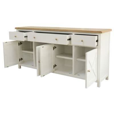 CHRISTA HAMPTON SOLID ACACIA 4-DOOR 3 DRAWER BUFFET SIDEBOARD LIGHT OAK TOP/ WHITE BASE - MyChocolateWood