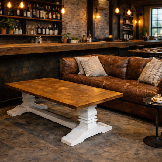 KENSIT RECYCLED ELM HAMPTON RUSTIC COFFEE TABLE PARQUETRY TOP 140CM - MyChocolateWood