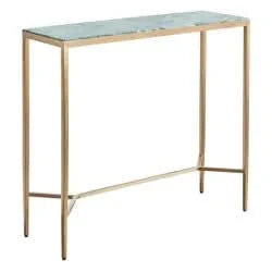 Melina Console Table in Dusty Jade Marble with Gold Stainless Steel - Chocolate Wood