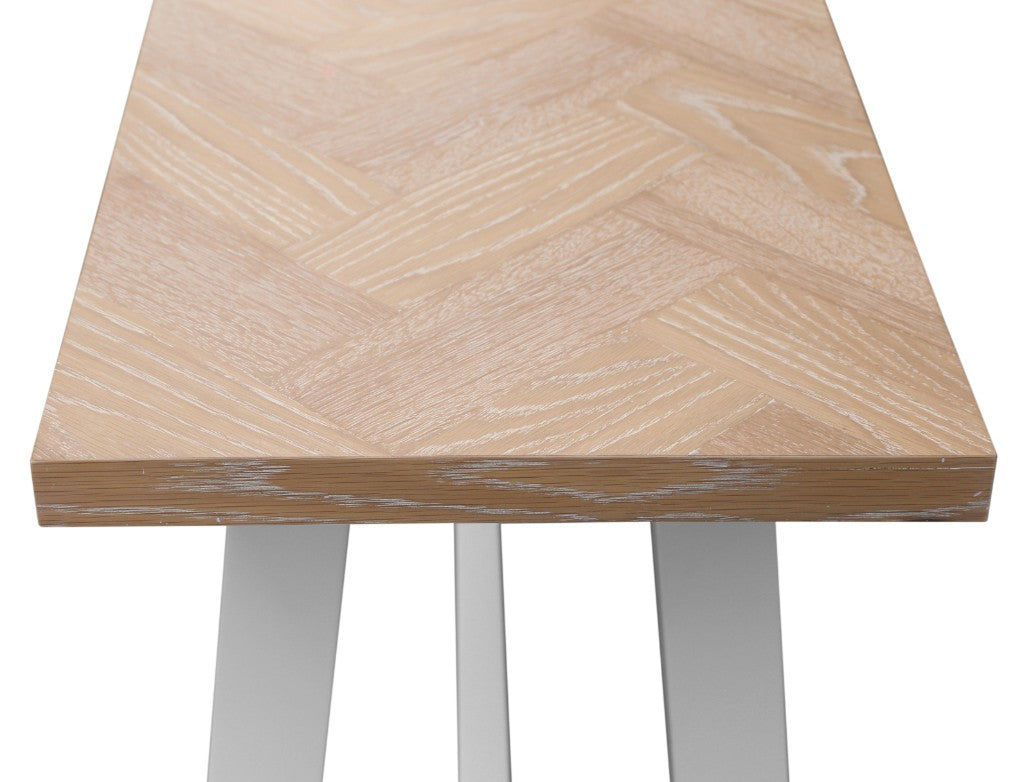 MyChocolateWood Ondina parquetry hall table with whitewashed oak top and white painted base, measuring 130cm.