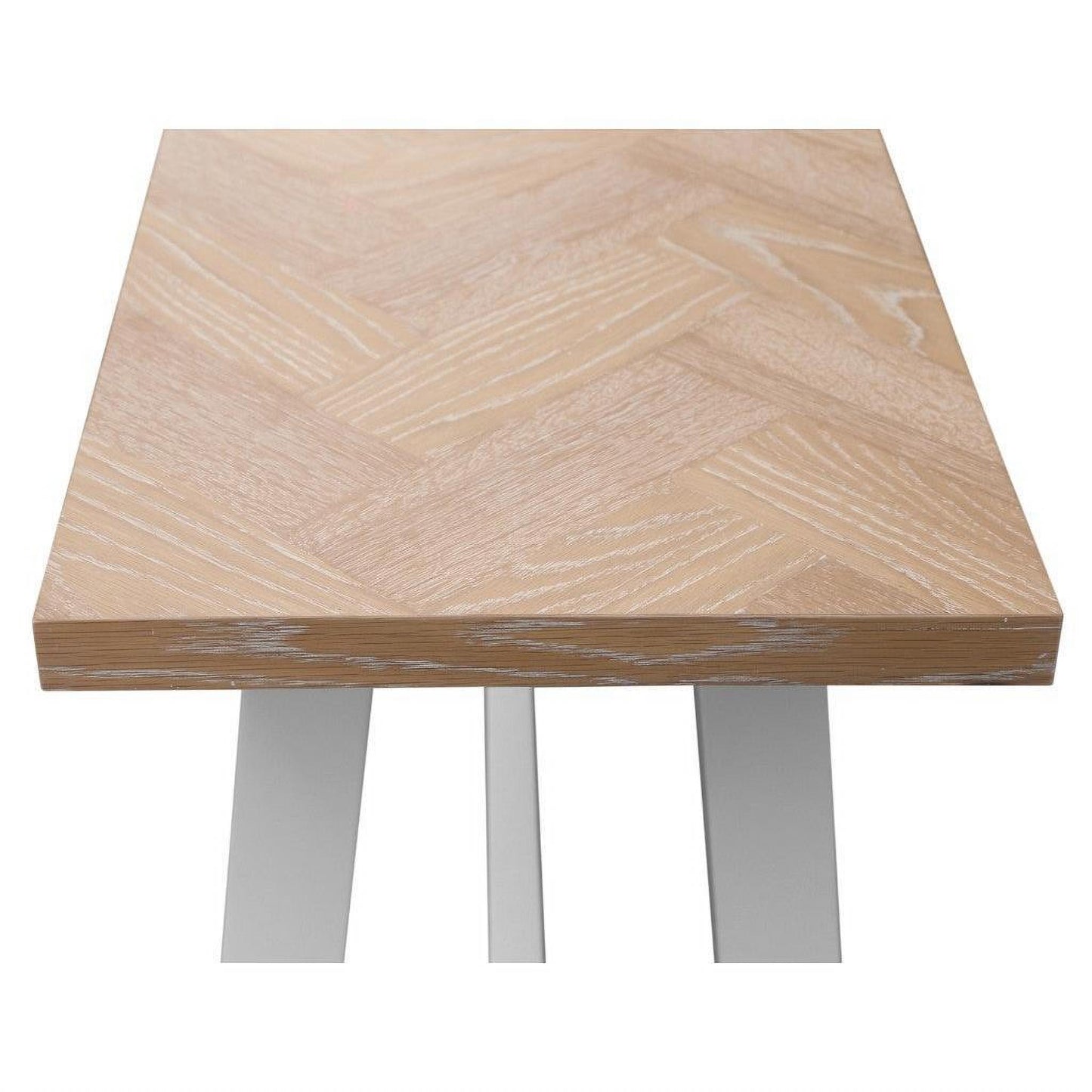 Chocolate Wood Ondina parquetry hall table with whitewashed oak top and white painted base, measuring 130cm.