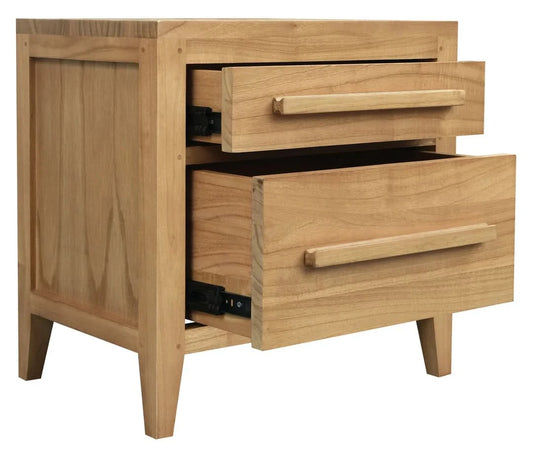 Natural wood bedside table with two drawers from Dion Mindi Wood collection by MyChocolateWood, featuring a minimalist design.
