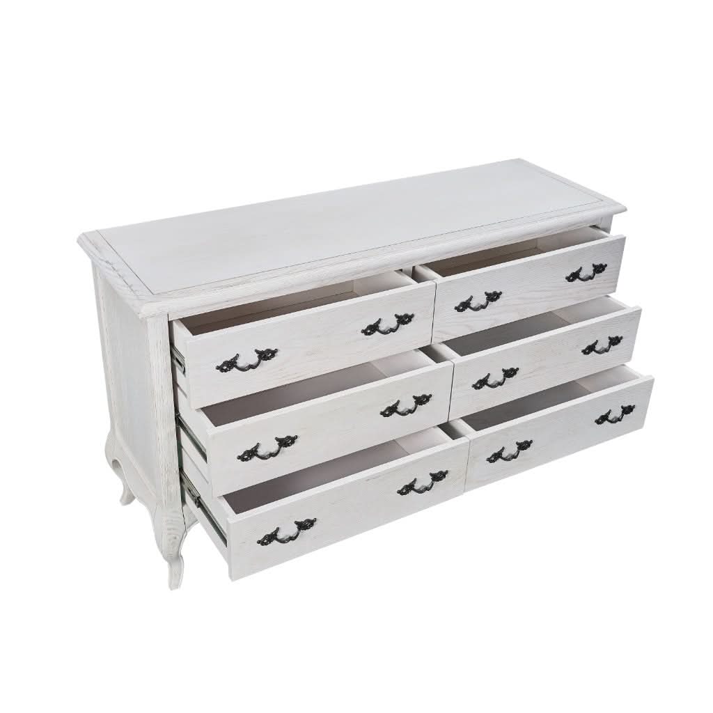 CLARENCE VINTAGE HAND CARVED OAK & VENEER 6 DRAWER DRESSER LIGHTLY DISTRESSED WHITE - MyChocolateWood