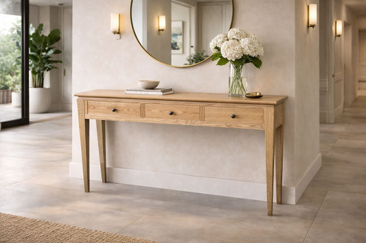 Solid oak Ella console table with three drawers, crafted by MyChocolateWood, showcasing a sleek, natural finish and elegant design.