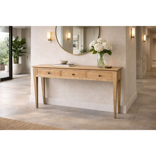 Solid oak Ella console table with three drawers, crafted by MyChocolateWood, showcasing a sleek, natural finish and elegant design.