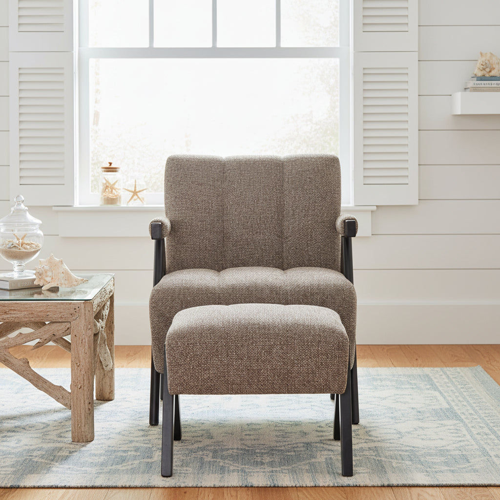 Pellerin Fabric Armchair & Matching Stool in Fawn - Chocolate Wood
