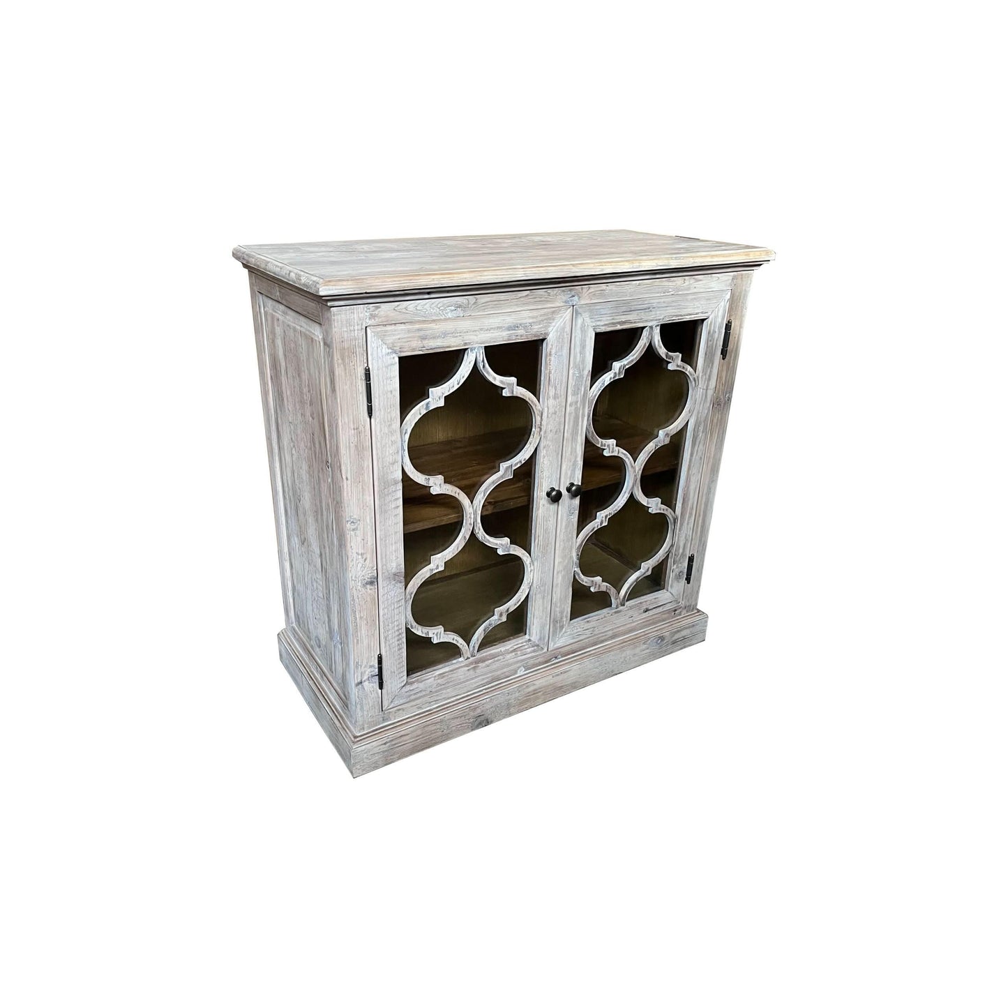 REINA GREYWASHED RECYCLED TIMBER/GLASS PANELS 2-DOOR CABINET CUPBOARD - MyChocolateWood