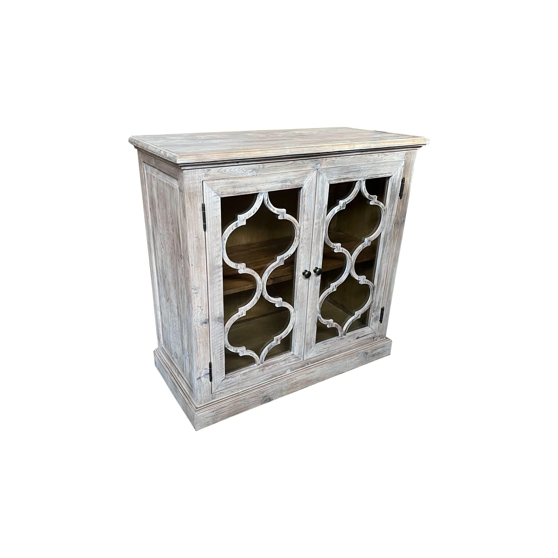 REINA GREYWASHED RECYCLED TIMBER/GLASS PANELS 2-DOOR CABINET CUPBOARD - MyChocolateWood
