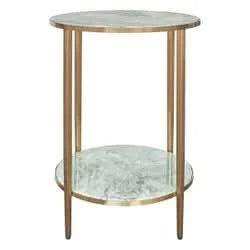 Melina Round Side Table in Dusty Jade Marble with Gold Stainless Steel - Chocolate Wood