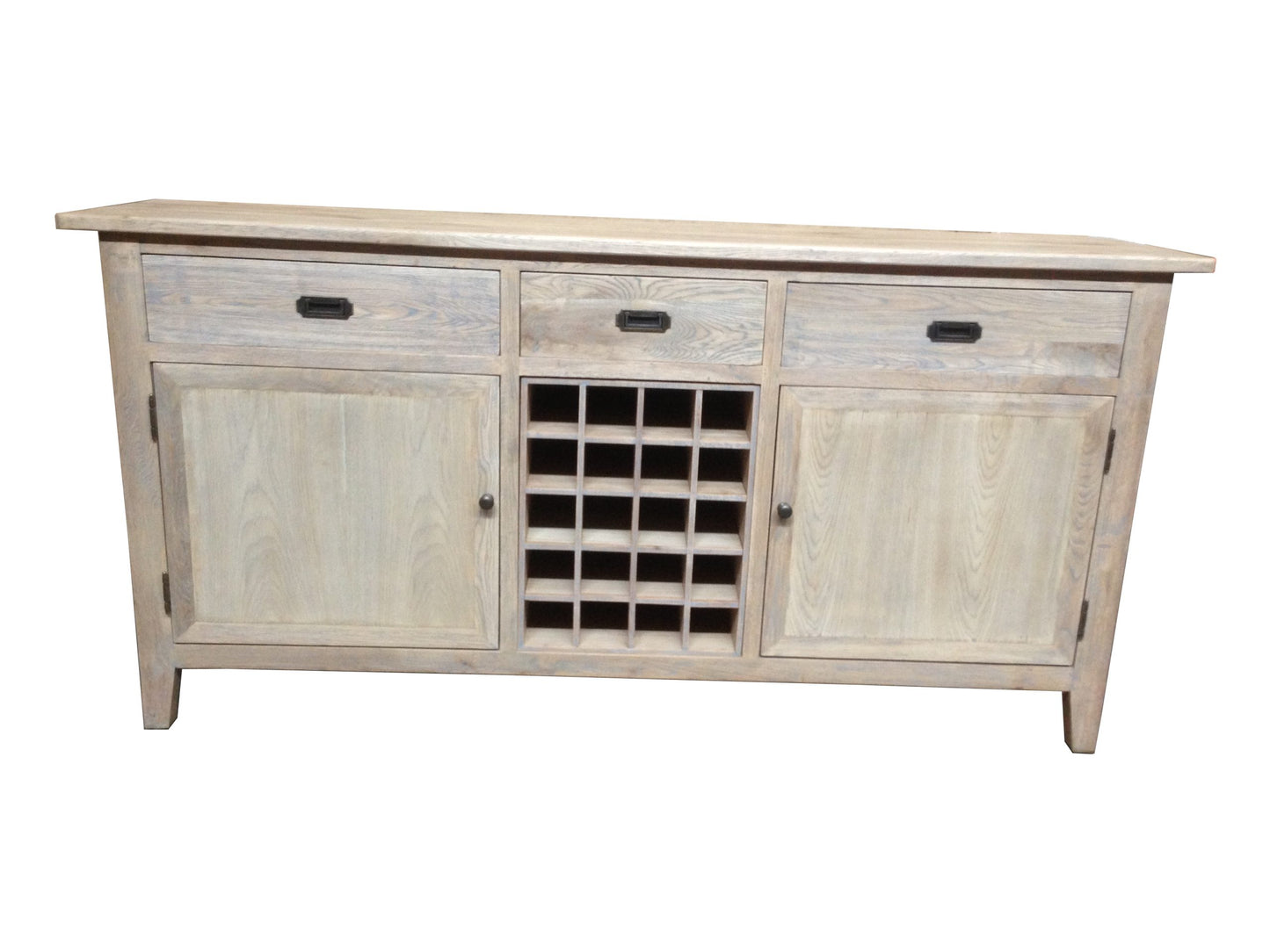 HAMPTON GREYWASHED OAK SIDEBOARD/BUFFET W/20 BOTTLE WINE RACK  3 DRAWERS & 2 DOORS - MyChocolateWood