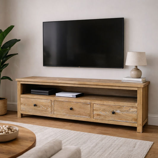 KENSIT HAMPTONS RUSTIC RECYCLED ELM  PARQUETRY PATTERN TV ENTERTAINMENT UNIT 3 DRAWERS/SHELF - MyChocolateWood