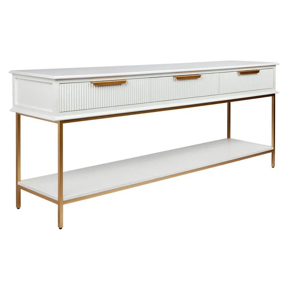 MORETTI 3-DRAWER CONSOLE TABLE/HALL TABLE SATIN WHITE  & GOLD LARGE - MyChocolateWood