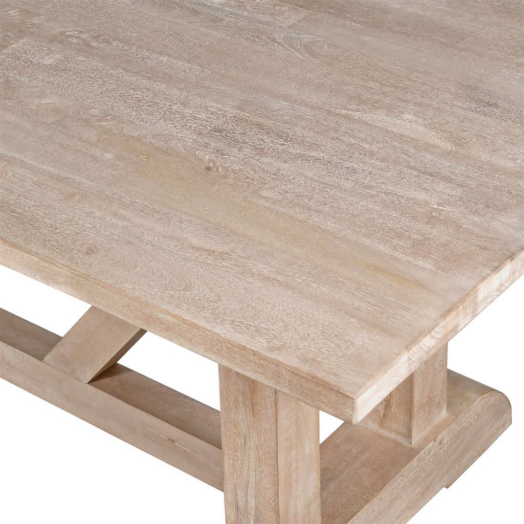Roswell mango wood dining table by MyChocolateWood, 220cm length with whitewash finish, showcasing natural wood grain and sturdy design.