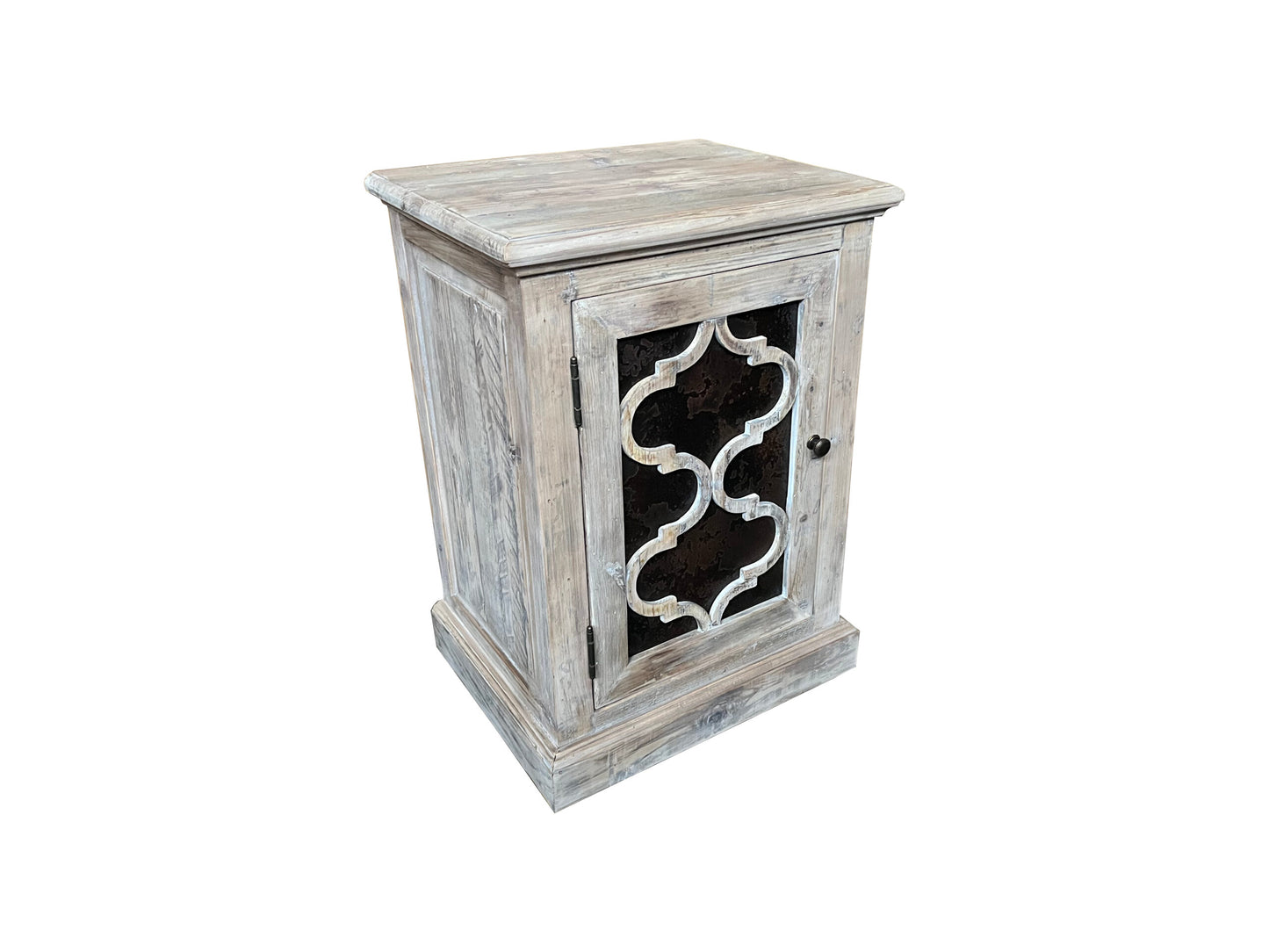 REINA GREYWASHED RECYCLED TIMBER/HERITAGE METAL 1-DOOR BEDSIDE TABLE/CABINET - MyChocolateWood