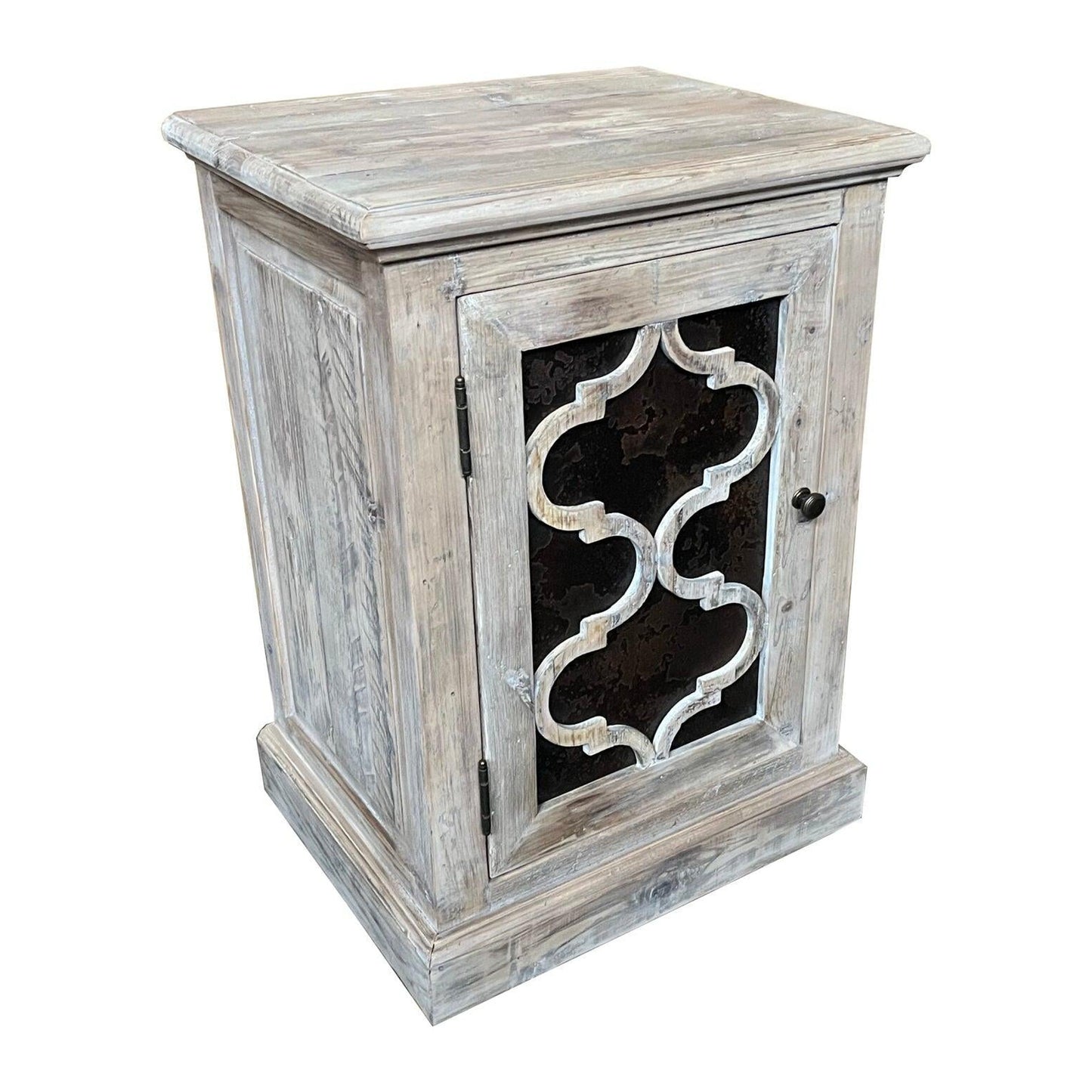 Reina Greywashed Recycled Timber 1-Door Bedside Table with Heritage Metal Panel - Chocolate Wood