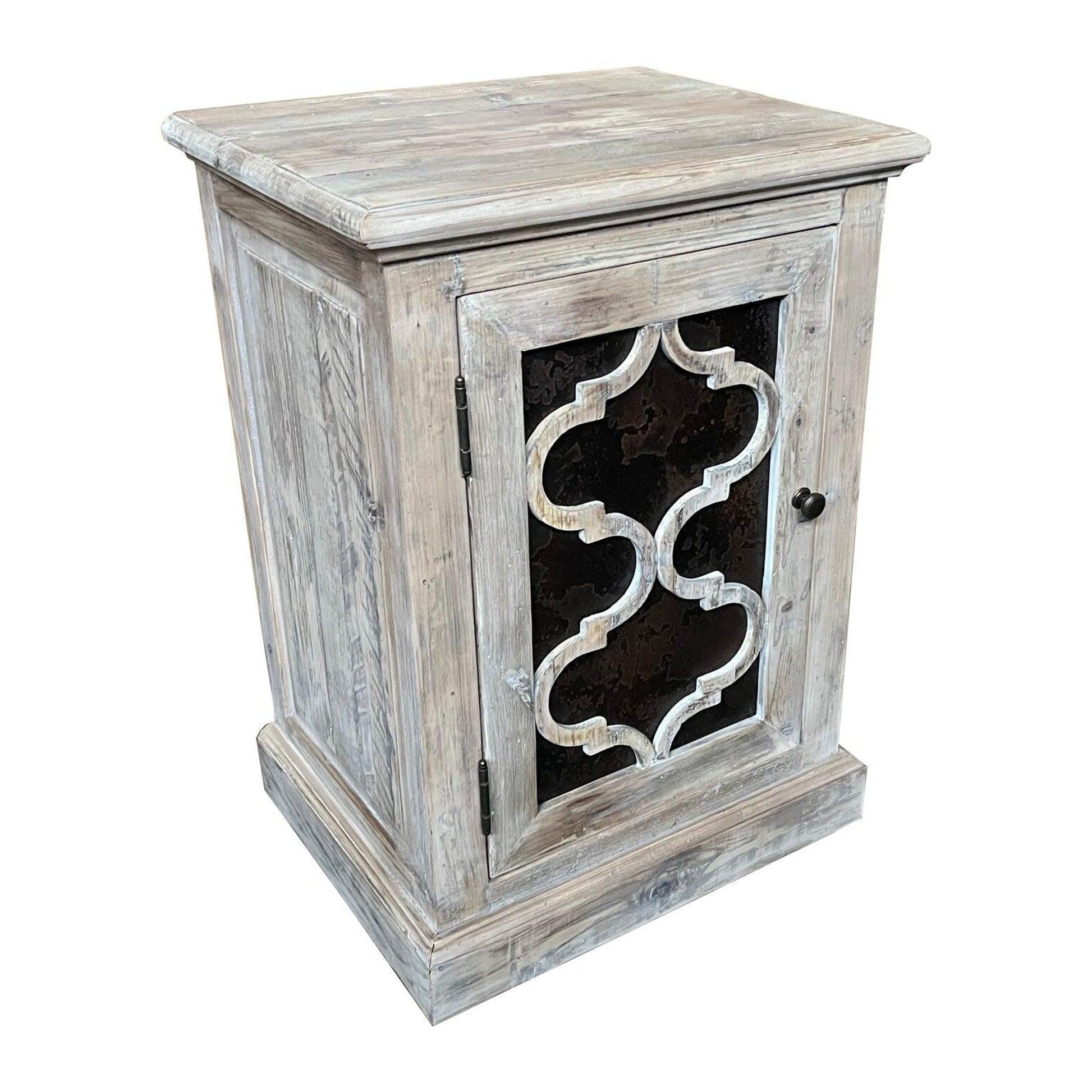 Reina Greywashed Recycled Timber 1-Door Bedside Table with Heritage Metal Panel - Chocolate Wood