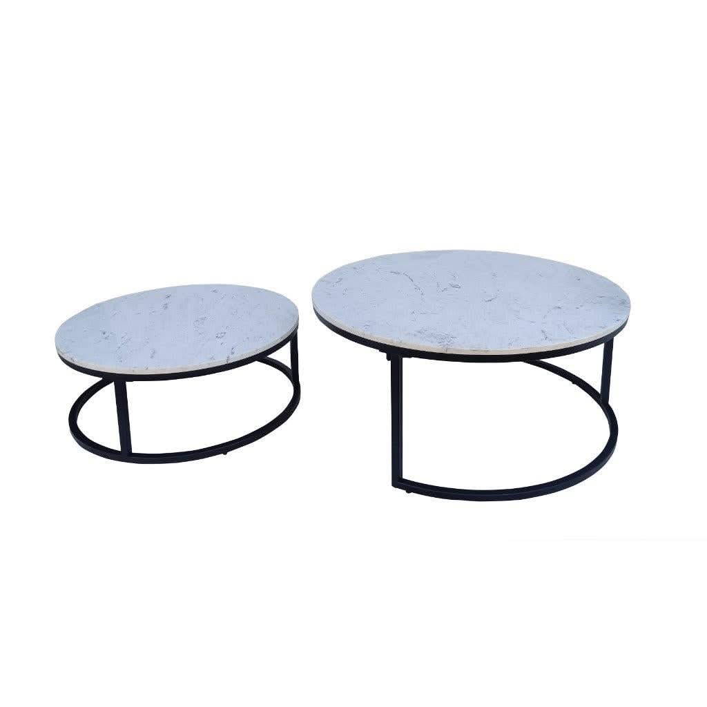 PEARSE SET OF 2 COFFEE TABLES WHITE MARBLE TOP/BLACK METAL LEGS - MyChocolateWood