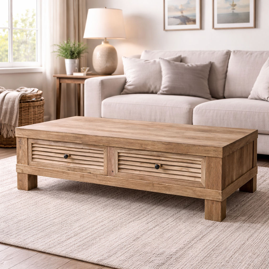 VILLA RUSTIC LOUVRE STYLE COFFEE TABLE 2 DRAWERS IN RECYCLED ELM - MyChocolateWood