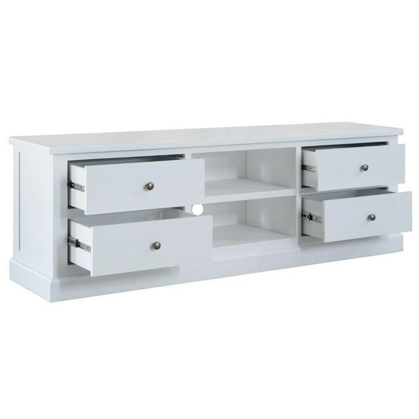 White Sherborne Acacia Wood TV unit with four drawers, featuring a sleek design and natural wood finish by Chocolate Wood.