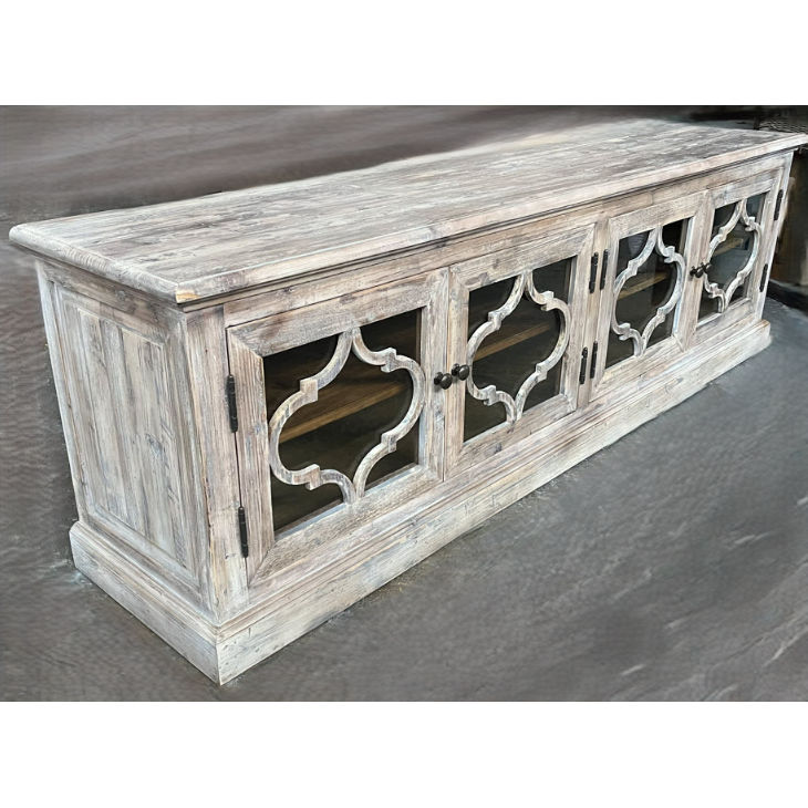 REINA GREYWASHED RECYCLED TIMBER/GLASS 4-DOOR ETU TELEVISION UNIT - MyChocolateWood