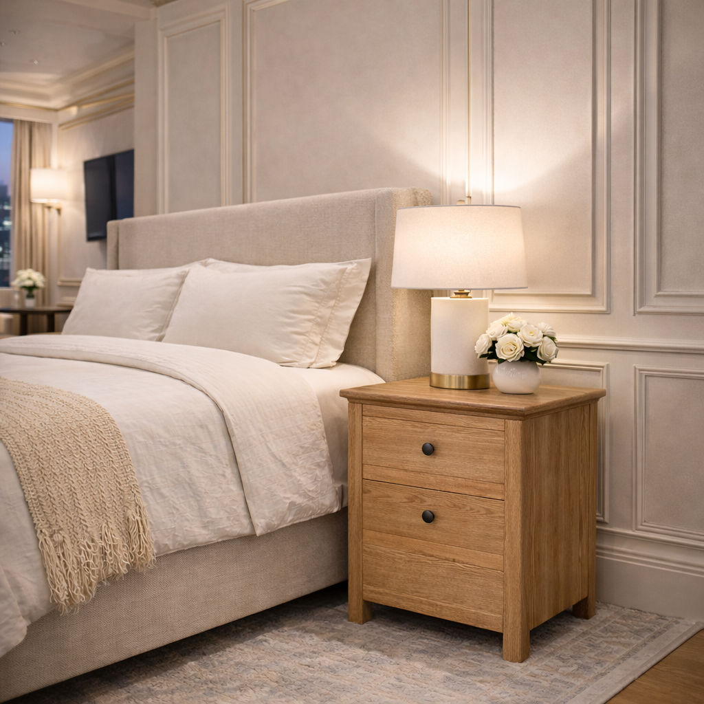 2 X ELLA SOLID OAK BEDSIDE TABLES - 2 DRAWERS - MyChocolateWood