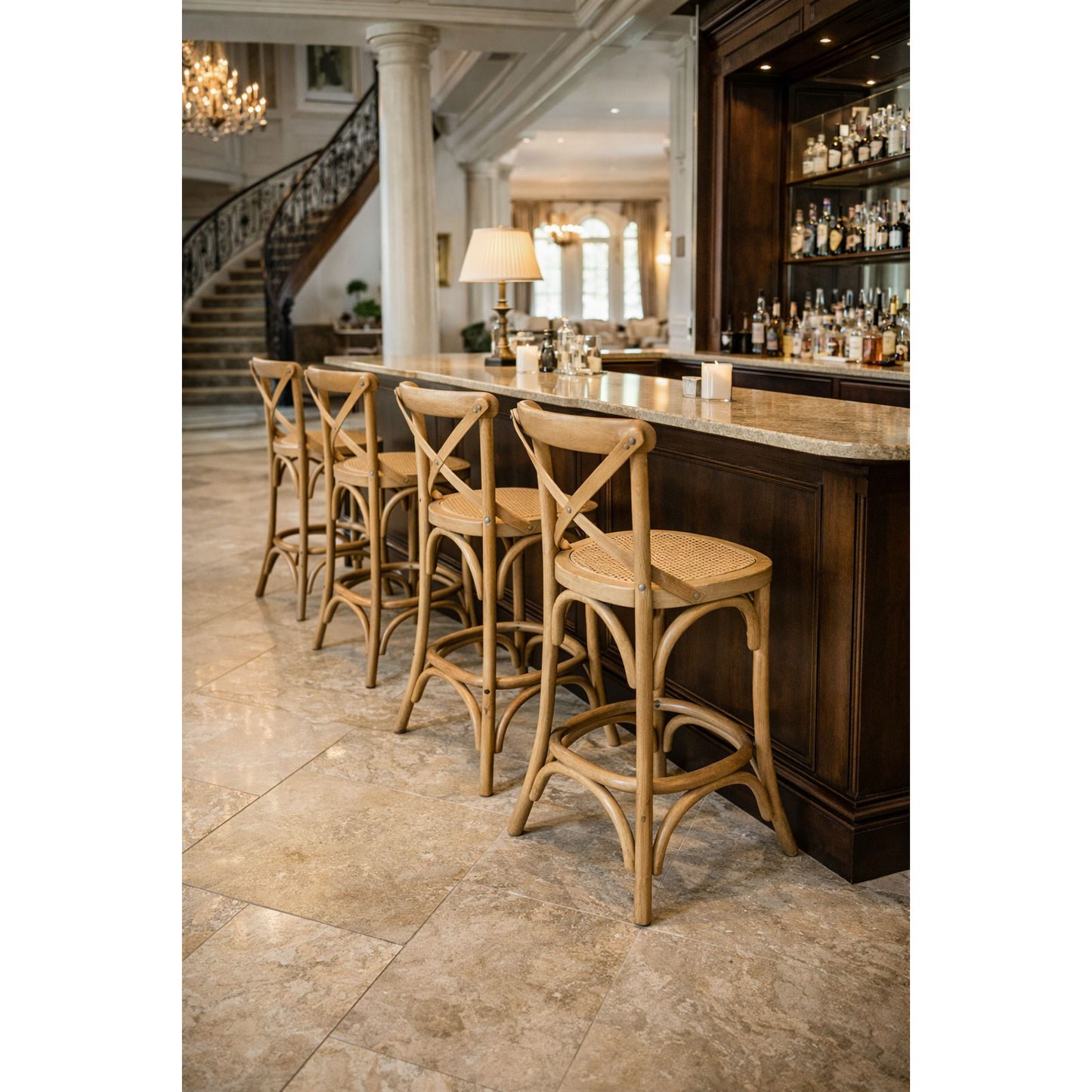 EMERSON NATURAL CROSS BACK BAR STOOL WITH RATTAN SEAT - 65CM SEAT HEIGHT - MyChocolateWood