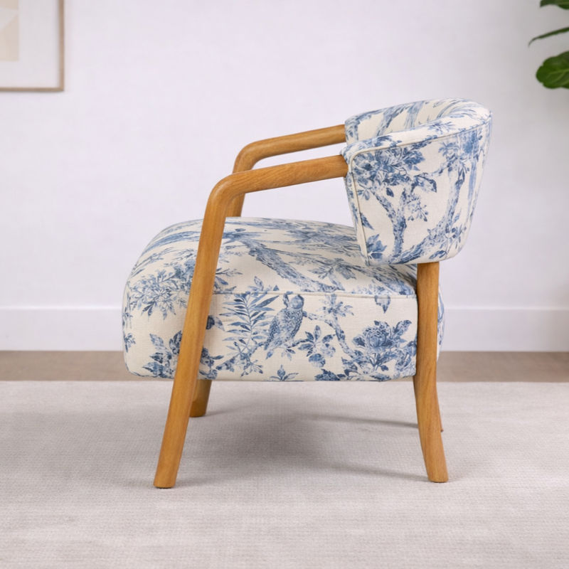 STORMI ACCENT ARMCHAIR - WALNUT RUBBERWOOD FRAME/BLUE & WHITE FLORAL FABRIC - MyChocolateWood