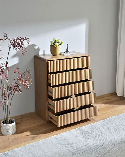 Denby Messmate Timber 5-Drawer Tallboy / Chest of Drawers Light Smoke