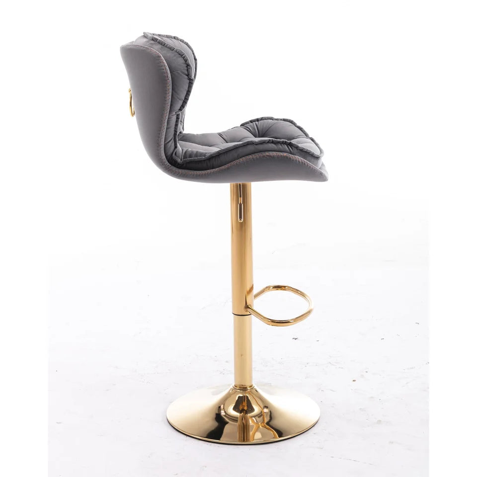 Bassey Plush Velvet Grey & Gold Gas Lift Swivel Bar Stool