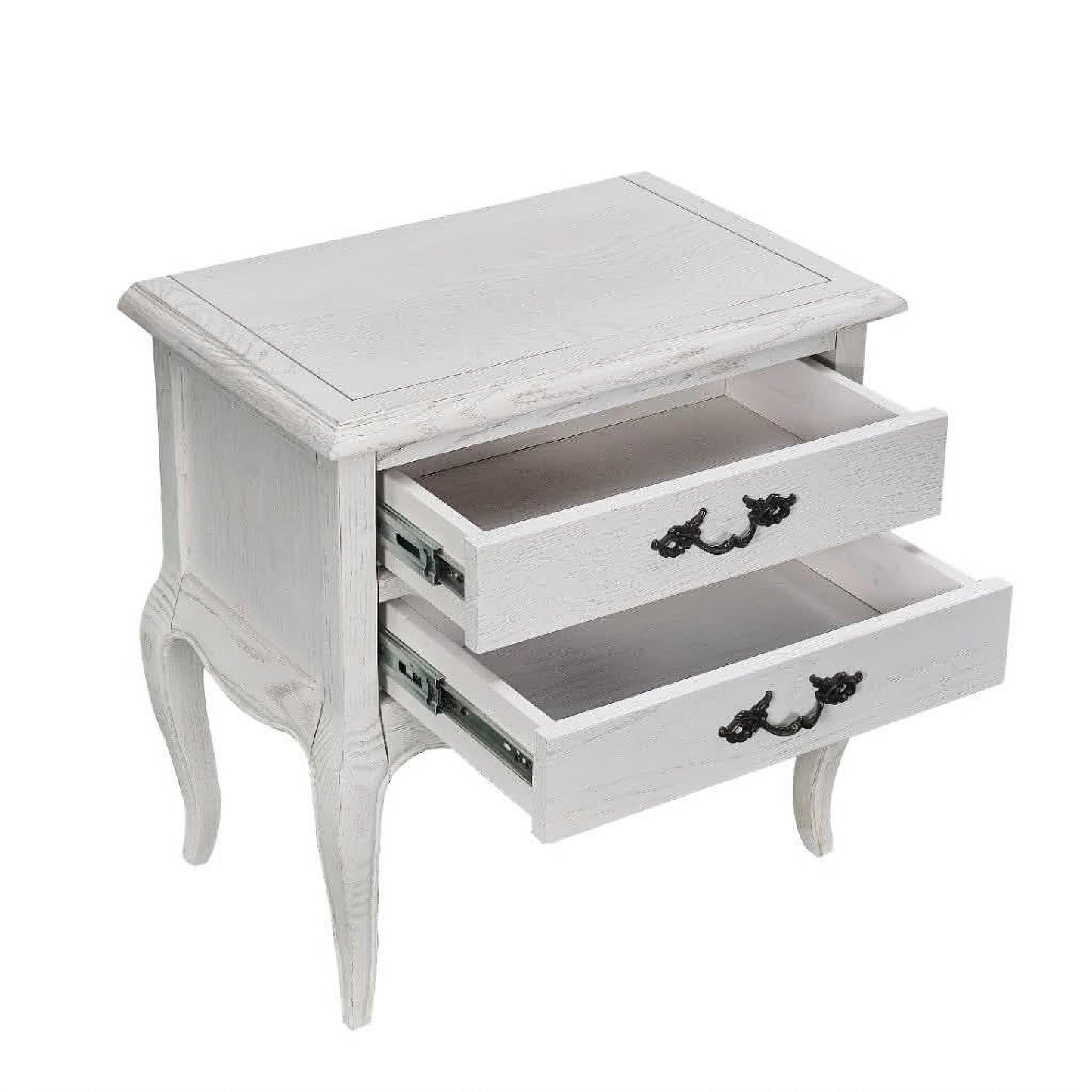CLARENCE VINTAGE HAND CARVED OAK & VENEER 2 DRAWER BEDSIDE LIGHTLY DISTRESSED WHITE