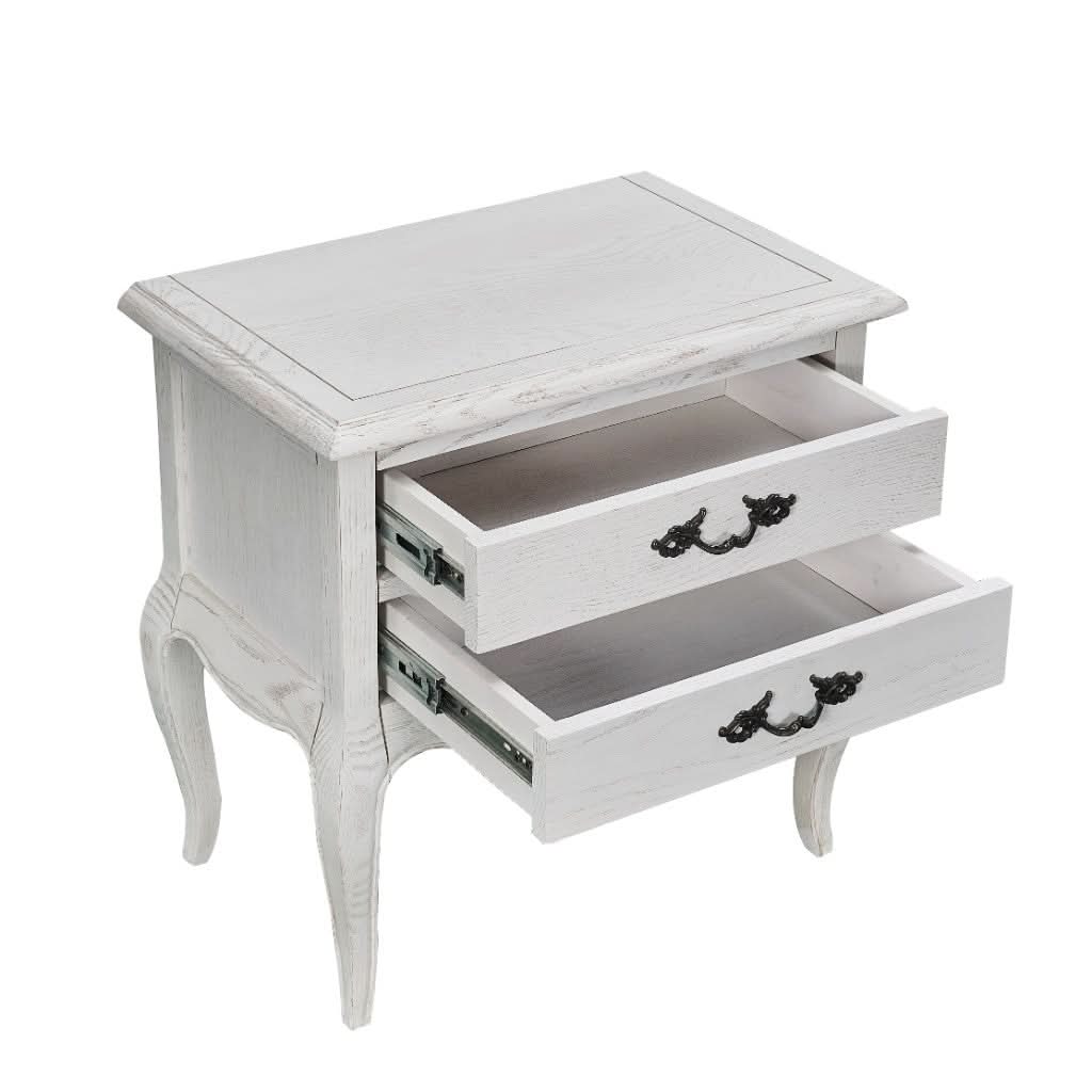 CLARENCE VINTAGE HAND CARVED OAK & VENEER 2 DRAWER BEDSIDE LIGHTLY DISTRESSED WHITE - MyChocolateWood