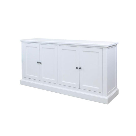 White Sherborne acacia wood 4-door buffet or sideboard by MyChocolateWood with sleek design and natural wood finish.